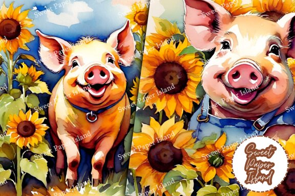 Set of 6 Digital Papers - Farmer Pigs With Sunflowers In Watercolor
