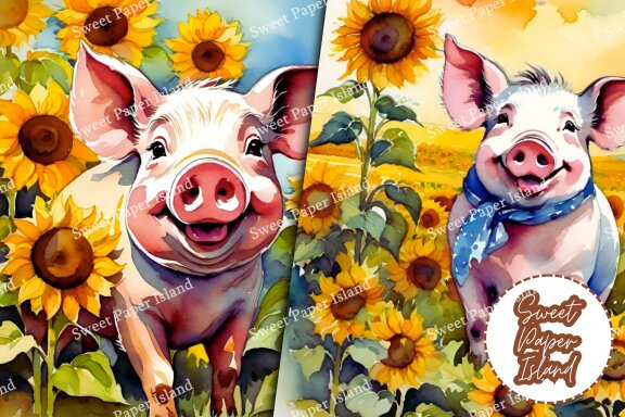 Set of 6 Digital Papers - Farmer Pigs With Sunflowers In Watercolor