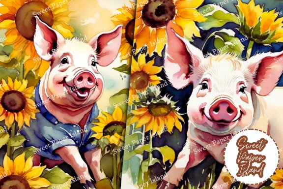 Set of 6 Digital Papers - Farmer Pigs With Sunflowers In Watercolor