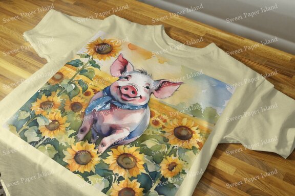 Set of 6 Digital Papers - Farmer Pigs With Sunflowers In Watercolor