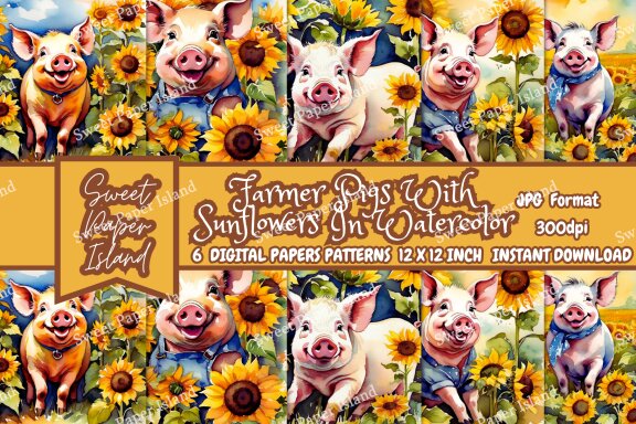 Set of 6 Digital Papers - Farmer Pigs With Sunflowers In Watercolor