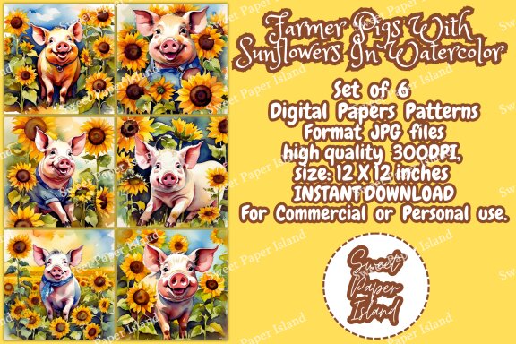 Set of 6 Digital Papers - Farmer Pigs With Sunflowers In Watercolor