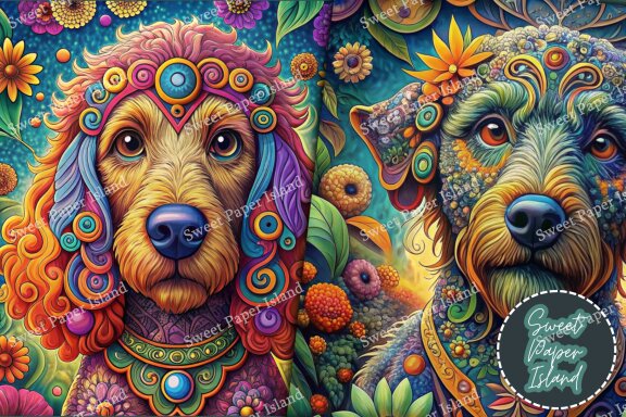 Pack Of 6 Digital Papers - Hippie Spiritual Groovy Dogs