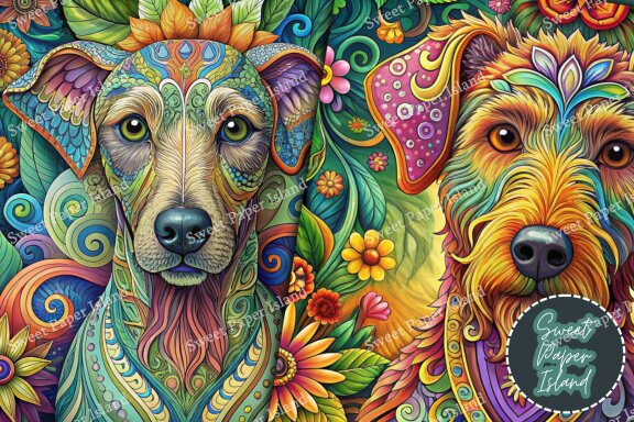 Pack Of 6 Digital Papers - Hippie Spiritual Groovy Dogs