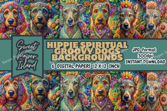 Pack Of 6 Digital Papers - Hippie Spiritual Groovy Dogs