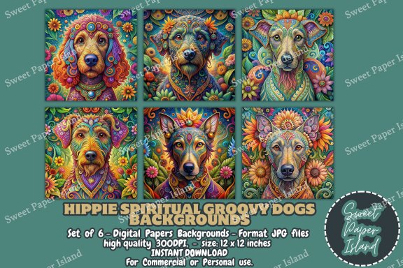 Pack Of 6 Digital Papers - Hippie Spiritual Groovy Dogs