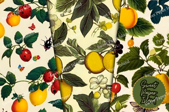 Set Of 6 Digital Papers Patterns - Fruit Garden Juices Spring Green