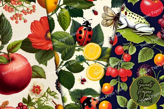 Set Of 6 Digital Papers Patterns - Fruit Garden Juices Spring Green