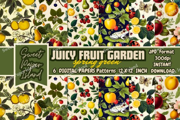 Set Of 6 Digital Papers Patterns - Fruit Garden Juices Spring Green