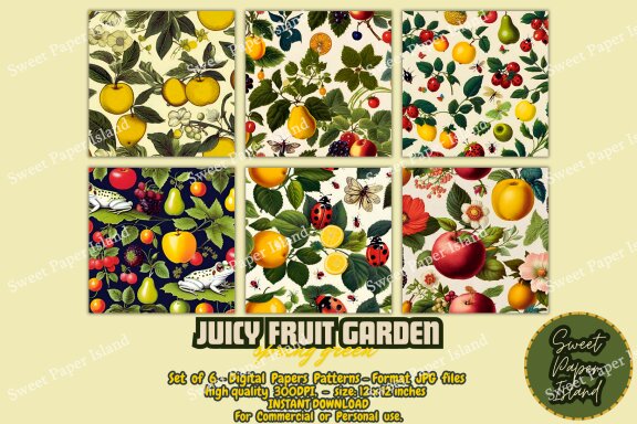 Set Of 6 Digital Papers Patterns - Fruit Garden Juices Spring Green