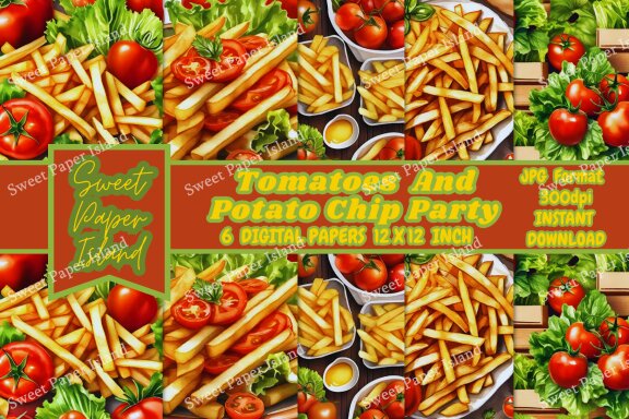 Set Of 6 Digital Papers - Tomatoes And Potato Chip Party