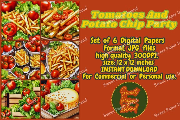 Set Of 6 Digital Papers - Tomatoes And Potato Chip Party