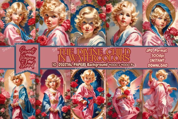 Set Of 10 Digital Papers - The Divine Child In Watercolor