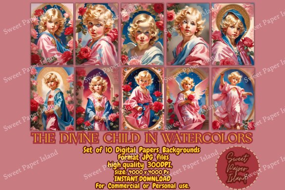 Set Of 10 Digital Papers - The Divine Child In Watercolor