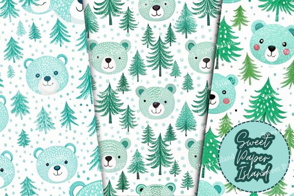 Set Of 6 Digital Papers Patterns - Cute Forest Bears In Watercolor