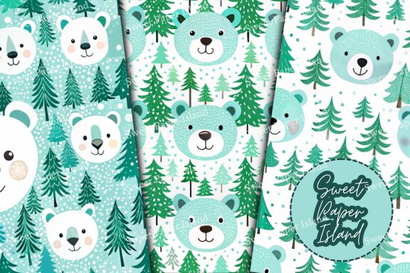 Set Of 6 Digital Papers Patterns - Cute Forest Bears In Watercolor