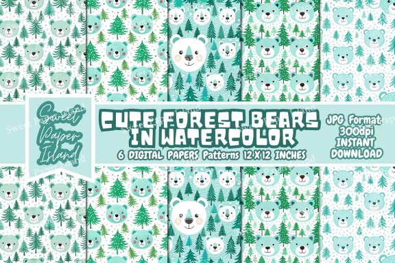 Set Of 6 Digital Papers Patterns - Cute Forest Bears In Watercolor