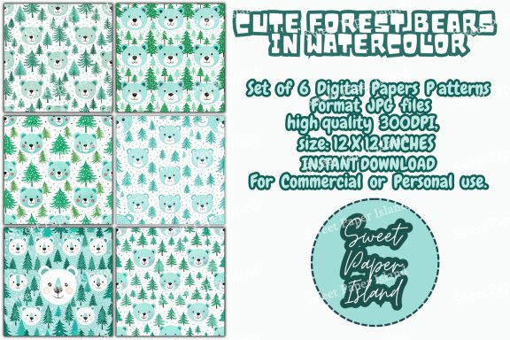 Set Of 6 Digital Papers Patterns - Cute Forest Bears In Watercolor
