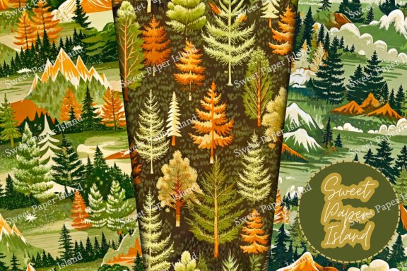 Set Of 6 Digital Papers Patterns - Greenish Forests In Watercolor