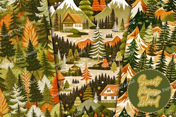 Set Of 6 Digital Papers Patterns - Greenish Forests In Watercolor