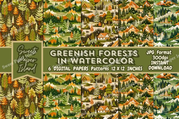 Set Of 6 Digital Papers Patterns - Greenish Forests In Watercolor