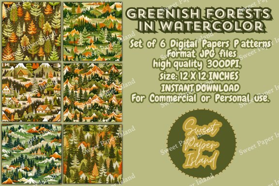 Set Of 6 Digital Papers Patterns - Greenish Forests In Watercolor