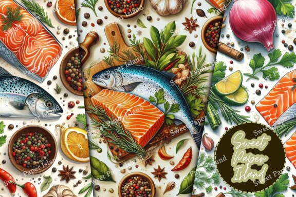 Set Of 6 Digital Papers Patterns - Salmon Fillets And Spices In Watercolor 