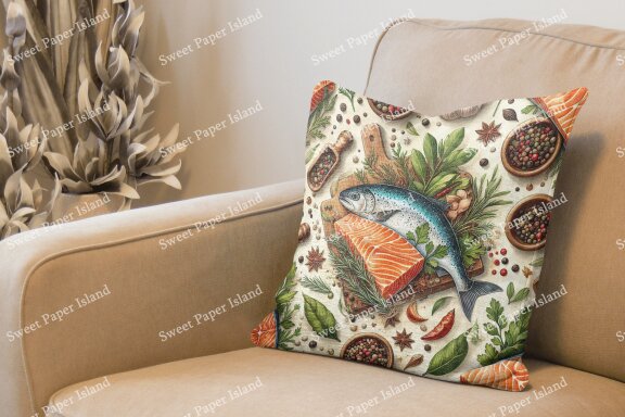 Set Of 6 Digital Papers Patterns - Salmon Fillets And Spices In Watercolor 