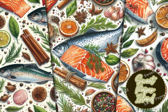 Set Of 6 Digital Papers Patterns - Salmon Fillets And Spices In Watercolor 