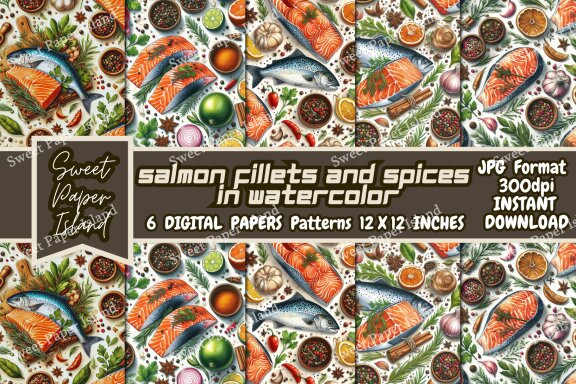 Set Of 6 Digital Papers Patterns - Salmon Fillets And Spices In Watercolor 