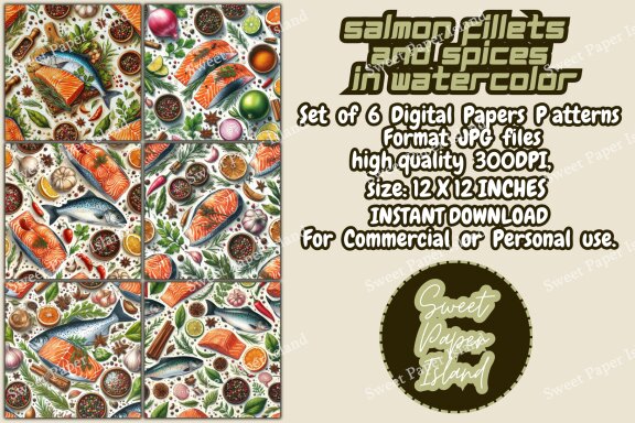 Set Of 6 Digital Papers Patterns - Salmon Fillets And Spices In Watercolor 