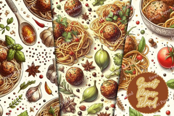 Set of 6 Digital Papers Patterns - Italian Pasta With Spices And Herbs In Watercolor