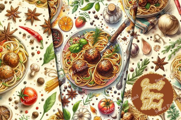 Set of 6 Digital Papers Patterns - Italian Pasta With Spices And Herbs In Watercolor