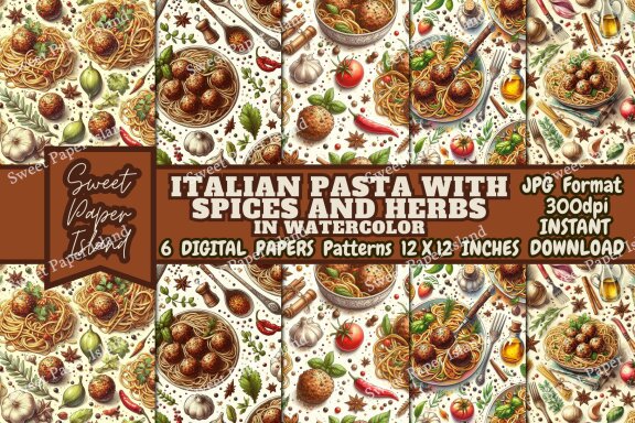 Set of 6 Digital Papers Patterns - Italian Pasta With Spices And Herbs In Watercolor