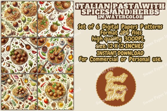 Set of 6 Digital Papers Patterns - Italian Pasta With Spices And Herbs In Watercolor