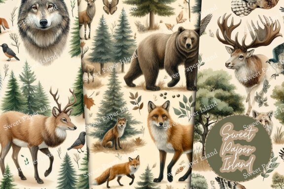 Set Of 6 Digital Papers Patterns - Wild Forest Animals In Watercolor