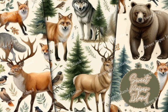 Set Of 6 Digital Papers Patterns - Wild Forest Animals In Watercolor