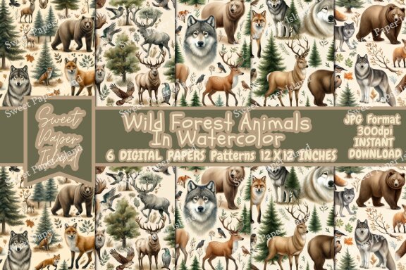 Set Of 6 Digital Papers Patterns - Wild Forest Animals In Watercolor