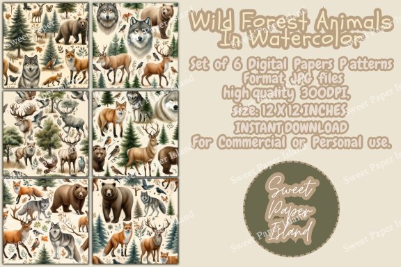 Set Of 6 Digital Papers Patterns - Wild Forest Animals In Watercolor
