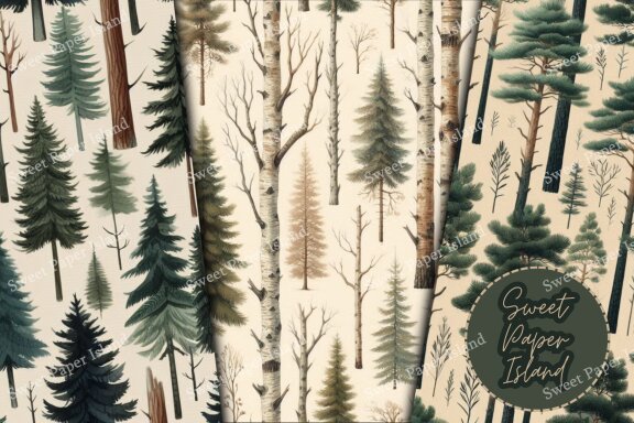 Pack Of 6 Digital Papers - Peaceful Forest In Watercolor
