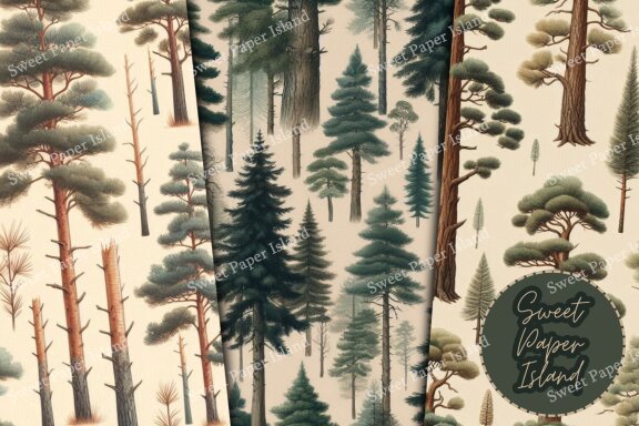 Pack Of 6 Digital Papers - Peaceful Forest In Watercolor