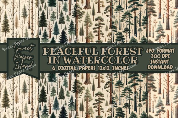 Pack Of 6 Digital Papers - Peaceful Forest In Watercolor