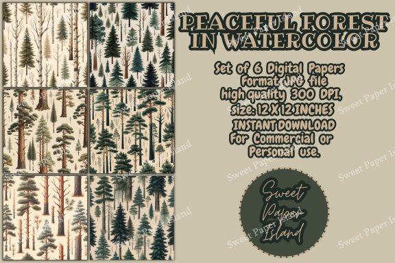 Pack Of 6 Digital Papers - Peaceful Forest In Watercolor