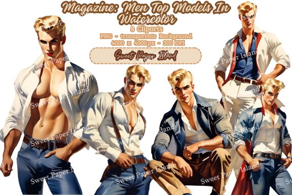 Pack Of 8 Cliparts - Magazine Men Top Models In Watercolor