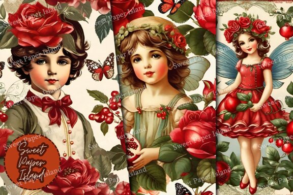 Pack Of 10 Digital Papers - Pomegranate Fairies And Rose Garden 