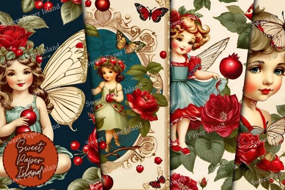 Pack Of 10 Digital Papers - Pomegranate Fairies And Rose Garden 