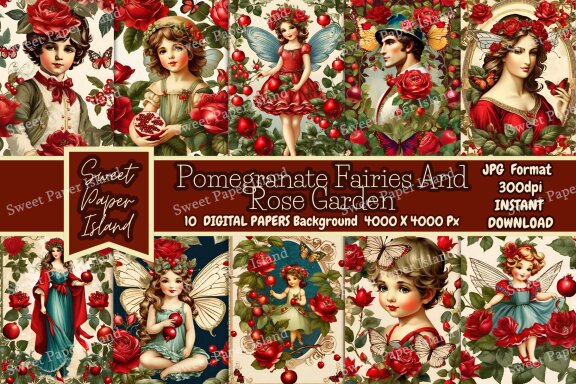 Pack Of 10 Digital Papers - Pomegranate Fairies And Rose Garden 