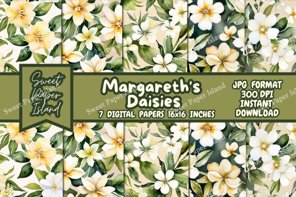 Pack Of 7 Digital Paper - Margareth's Daisies In Watercolor