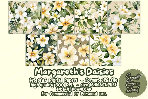 Pack Of 7 Digital Paper - Margareth's Daisies In Watercolor