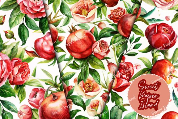Pack Of 6 Digital Papers - The Garden Of The Red Juiciness In Watercolor